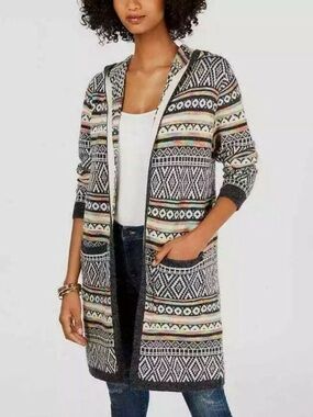 Monteau Colorful Knit Cardigan w/hood Size Large